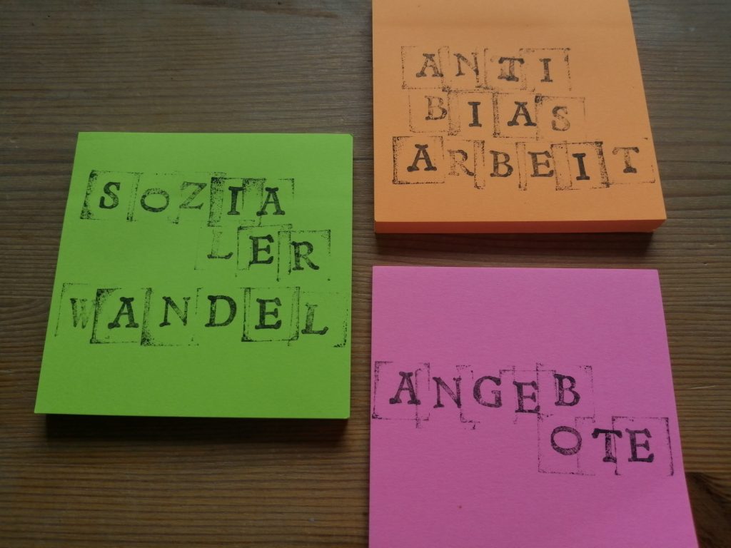 Post-Its mit den Aufschriften "Sozialer Wandel", "Anti-Bias-Arbeit" und "Angebote"